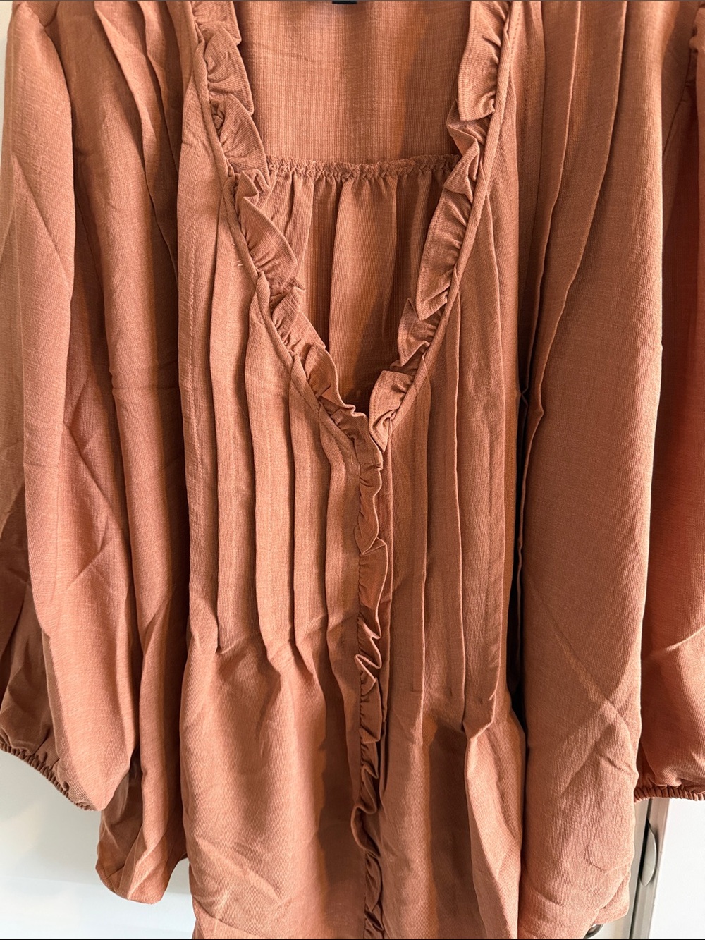Rust Orange Ruffle V-Neck Women's Blouse - Picture 6 of 8